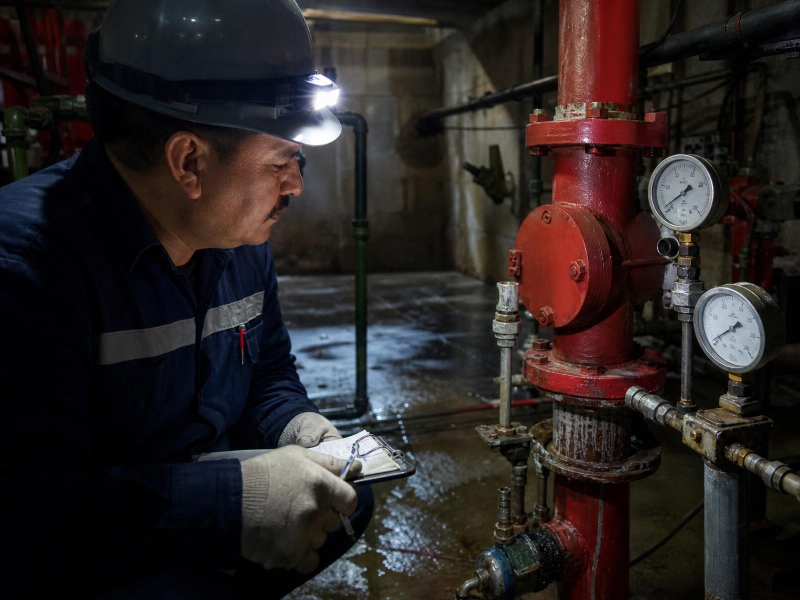 Inspección NFPA 25 de válvula y manómetro con registro de mantenimiento